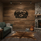 Wildlife mountain custom metal sign with bear deer river forest and personalized text banner for rustic cabin or lodge wall decor