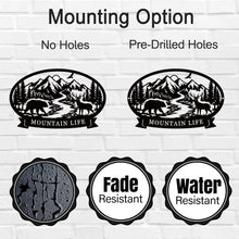 Wildlife mountain custom metal sign with bear deer river forest and personalized text banner for rustic cabin or lodge wall decor