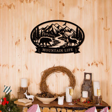 Wildlife mountain custom metal sign with bear deer river forest and personalized text banner for rustic cabin or lodge wall decor