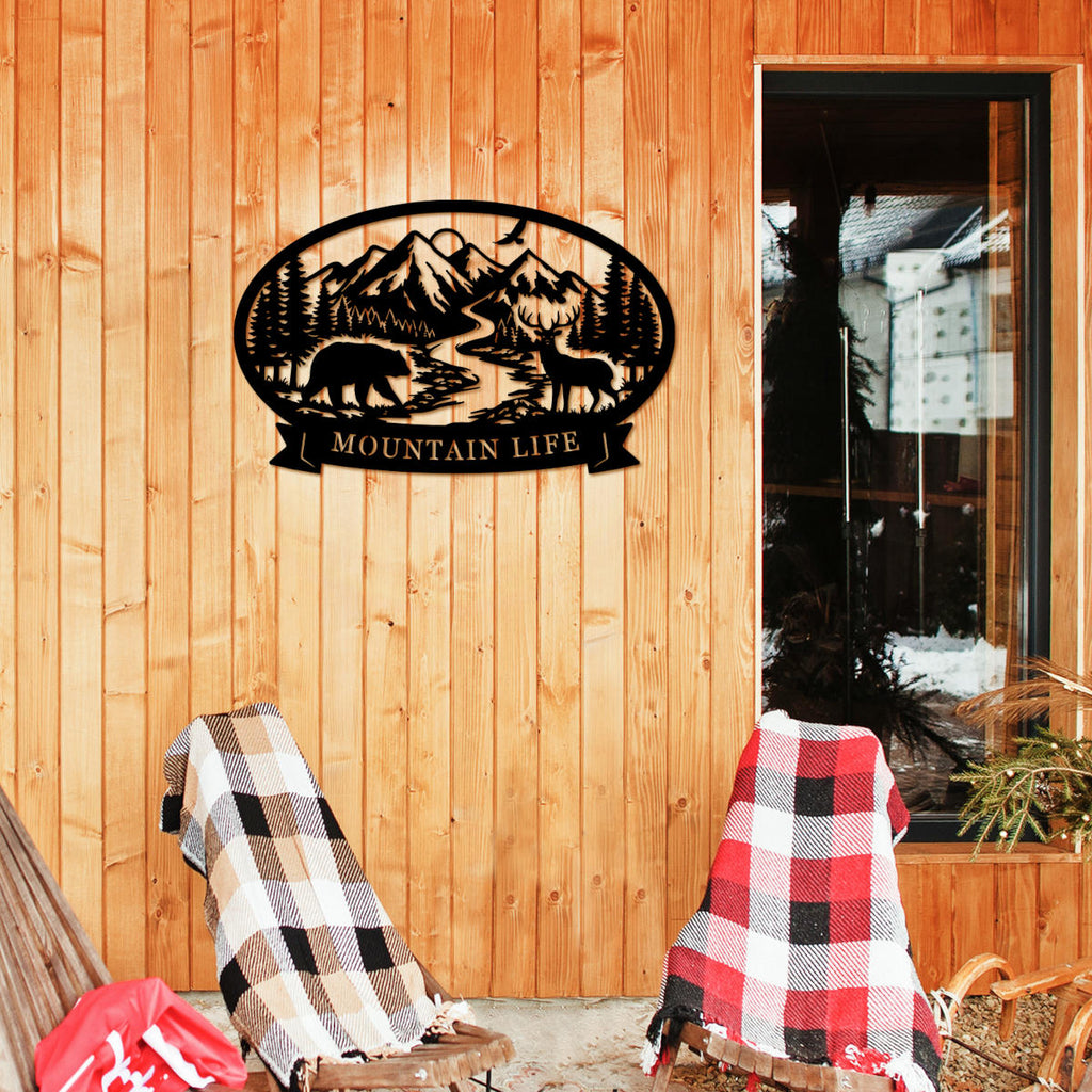 Wildlife mountain custom metal sign with bear deer river forest and personalized text banner for rustic cabin or lodge wall decor
