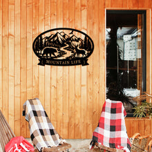 Wildlife mountain custom metal sign with bear deer river forest and personalized text banner for rustic cabin or lodge wall decor