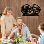 Wildlife mountain custom metal sign with bear deer river forest and personalized text banner for rustic cabin or lodge wall decor