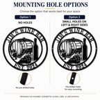 Custom wine bar metal sign comparison showing no-hole and left-and-right pre-drilled mounting hole options.