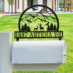 Custom stainless steel mailbox topper with rustic mountain and deer silhouette, personalized metal address sign for outdoor home decor.