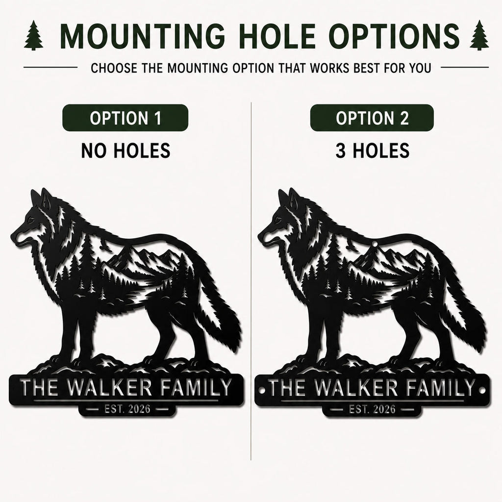 Wolf metal sign mounting options showing no holes and three pre-drilled holes.