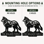 Wolf metal sign mounting options showing no holes and three pre-drilled holes.