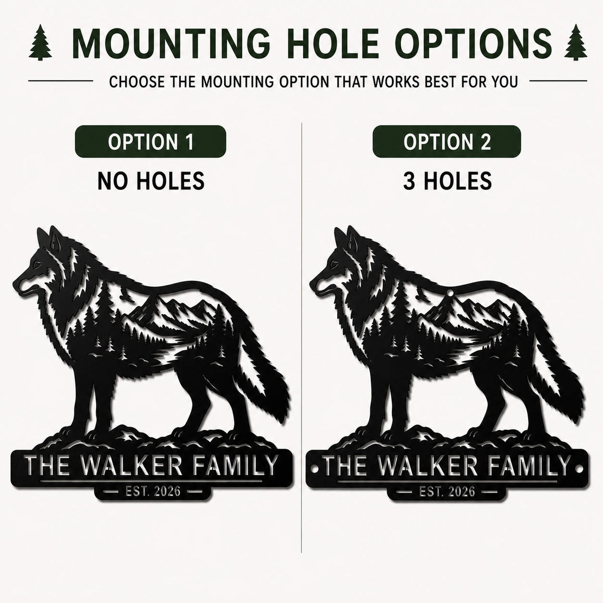 Wolf metal sign mounting options showing no holes and three pre-drilled holes.
