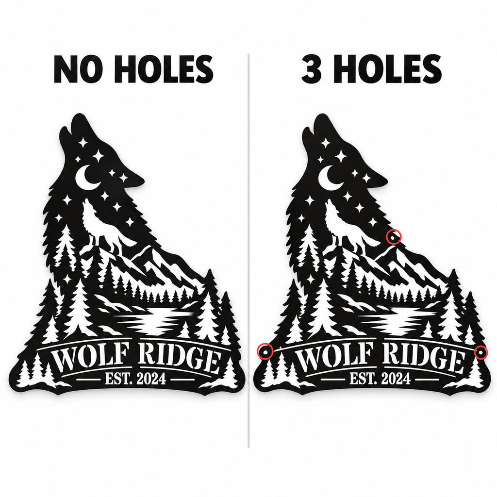 Comparison of howling wolf metal signs with no mounting holes and three pre-drilled mounting holes.