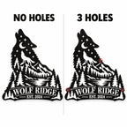 Comparison of howling wolf metal signs with no mounting holes and three pre-drilled mounting holes.