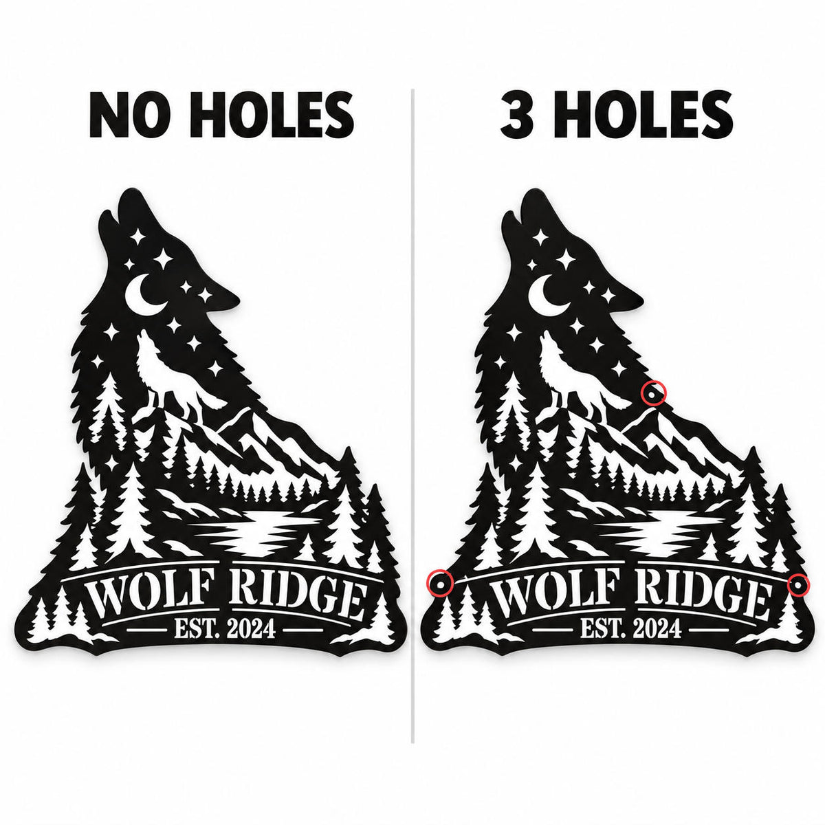Comparison of howling wolf metal signs with no mounting holes and three pre-drilled mounting holes.